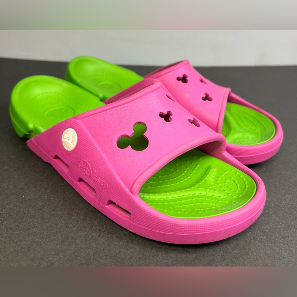 Crocs- Disneyโ Slip on- Youth, Size:J3, Pink/Green, Pre-Owned